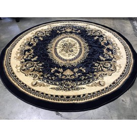 Traditional Round Oriental Aubusson Floral 330,000 Point Area Rug Dark Blue Burgundy Beige Design 602 (7 Feet 9 Inch X 7 Feet 9 Inch)