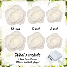 6 Pcs Extra Large Jumbo White Paper Flower Decorations for Wall with 10 Pcs Gel Pad Large Flowers Decorations for Birthday Wedding Party Backdrop Baby Shower Bridal Shower Nursery Wall Decor