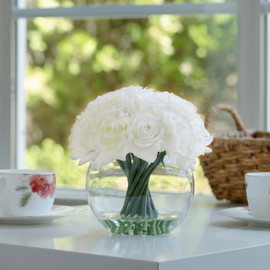 ENOVA FLORAL 16 Heads Silk Rose Artificial Flowers in Vase,Faux Rose Flowers Arrangement in Round Bowl Vase with Faux Water for Table Decor Centerpieces (White)
