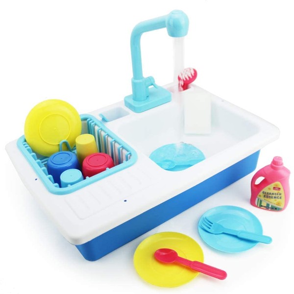 Boley Kids Play Kitchen Sink with Running Water - 20 Piece Dishwashing Toy with Sink, Real Faucet, Dish Rack, Plastic Dishes, Sponge and Brush, and Pretend Dish Soap