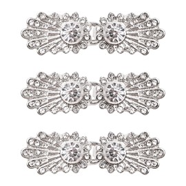 WANDIC Cloak Clasp Fasteners, 3 Pcs 3.6CM Silver Clips with Rhinestone Vintage Cape Sew On Hooks and Eyes Clasps Cardigan Clips for Clothing Sweater Shawl