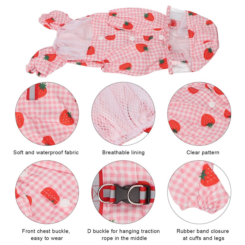 Dog Raincoat Hooded Reflective Breathable Lightweight Strawberry Patterns Puppy Rain