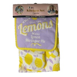 Kitchen 3 Pc Kitchen Set Collection - Apron/Oven Mitt/Pot Holder (Lemons)