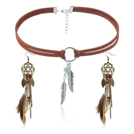 Juego De Pendientes Y Collar De Plumas Boho Para Mujer