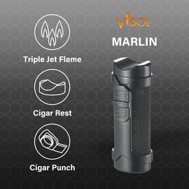 Visol Marlin Butane Torch Lighter Triple Flame Refillable Gas Lighter, Built-in Punch, Built in Holder and Windproof Adjustable Flame Lighter (Shipped Without Butane)