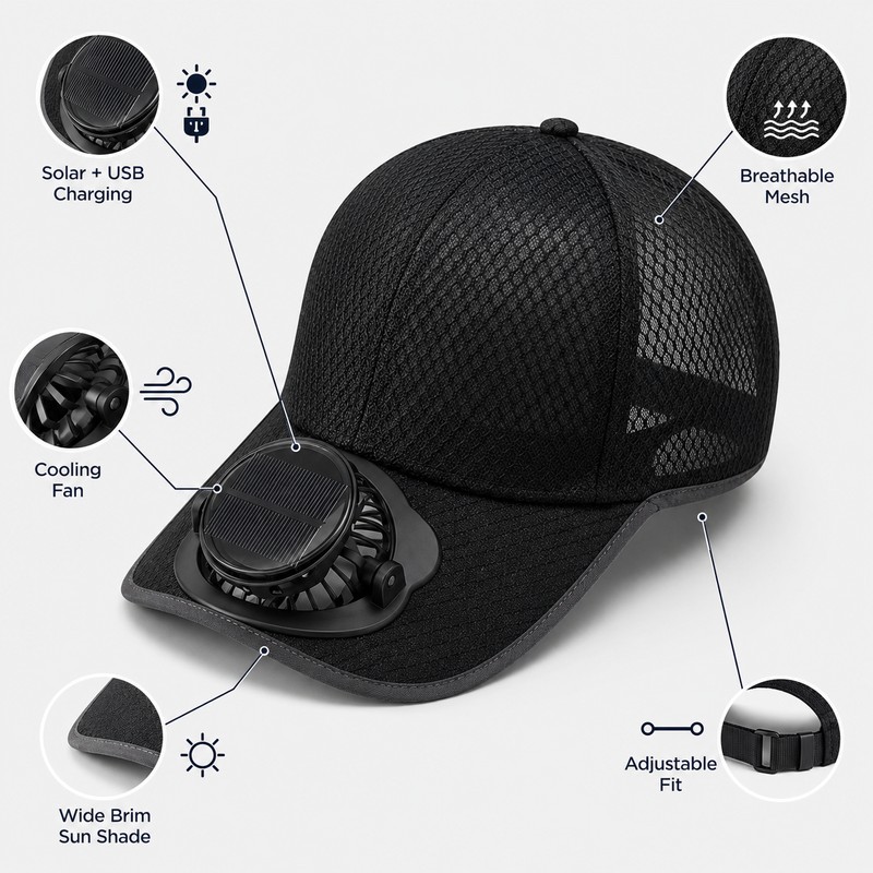 Solar Fan Baseball Cap for Outdoor Use – USB-Rechargeable Mesh