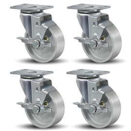 CWfutureparts 4" Caster Wheels Heavy Duty 1600 lbs，Swivel Casters Set of 4, Industrial Plate Casters, Semi Steel Cast Iron Wheels for Furniture,Workbench (4 Brakes)