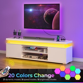 Rolanstar TV Stand with LED Lights & Power Outlet, Modern Entertainment Center for 32/43/50/55/65 Inchs TVs, Table, Universal Gaming Media Stand Storage Cabinet and Large Storage, White