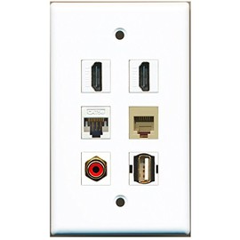 RiteAV - 2 HDMI 1 Port RCA Red 1 Port USB A-A 1 Port Phone RJ11 RJ12 Beige 1 Port Cat5e Ethernet White Wall Plate