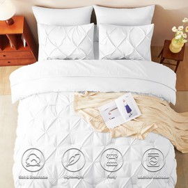 CozyLux Full Size Comforter Sets White, 7 Pieces Pintuck Bed in A Bag White Comforter Full Size, Pinch Pleat Bedding Sets with All Season Comforter, Flat Sheet, Fitted Sheet, Pillowcases & Shams