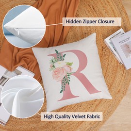 Alphabet Decorative Pillow Covers 16x16 Inch Pink Letter R Pillow Covers Floral Throw Pillow Covers Soft White Velvet Square Cushion Covers Pillow Cases Home Sofa Couch Cushion Cases 16x16 (R)