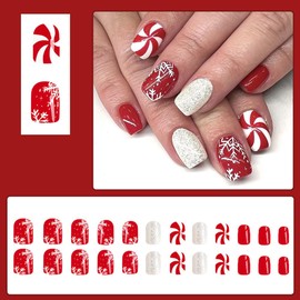 24 PCS Christmas Press on Nails Red Short Coffin - ZWENJIE Winter Cute White Glitter Fake Nails Full Cover Artificial Acrylic False Nail Snowflake Swirl Stripe Designs Xmas Holiday Glue on Nails Kit
