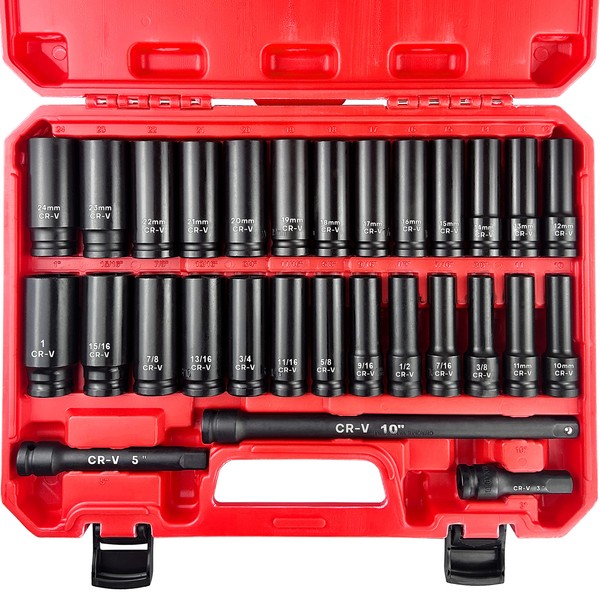 EACELIY 29pcs 1/2" Socket Set, Drive Deep Impact Socket Set, Including 3 ", 5", 10" Impact Extension Bar, Standard SAE (3/8 "- 1") and Metric (10mm-24mm), Cr-V Steel