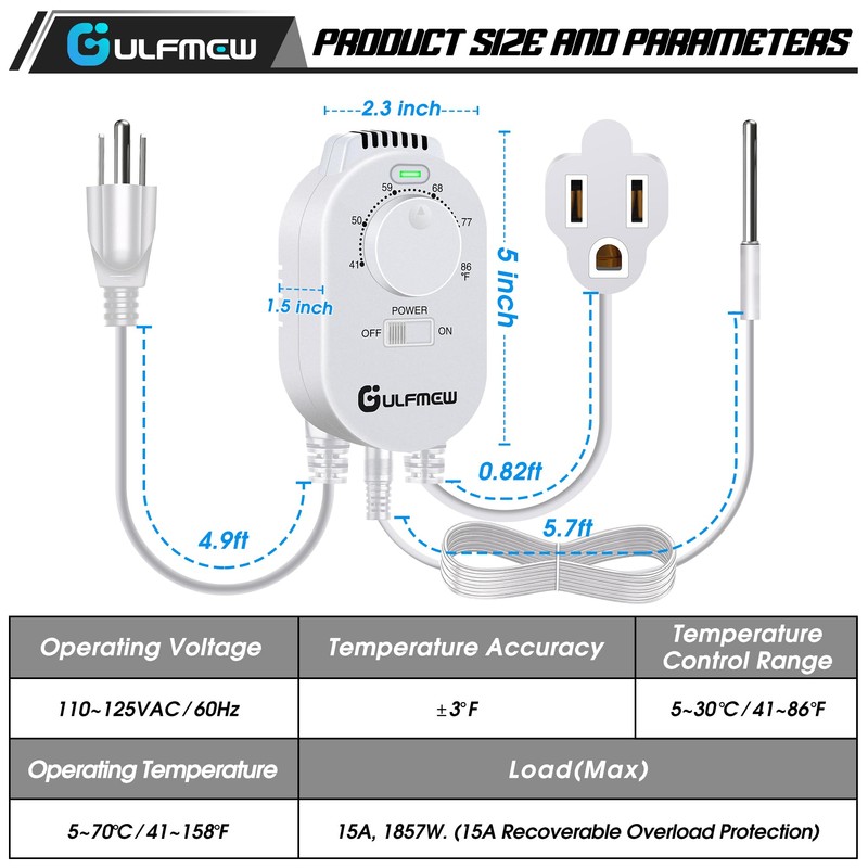 Plug in Thermostat for Heater, Thermostat Plug Outlet with 4.9FT