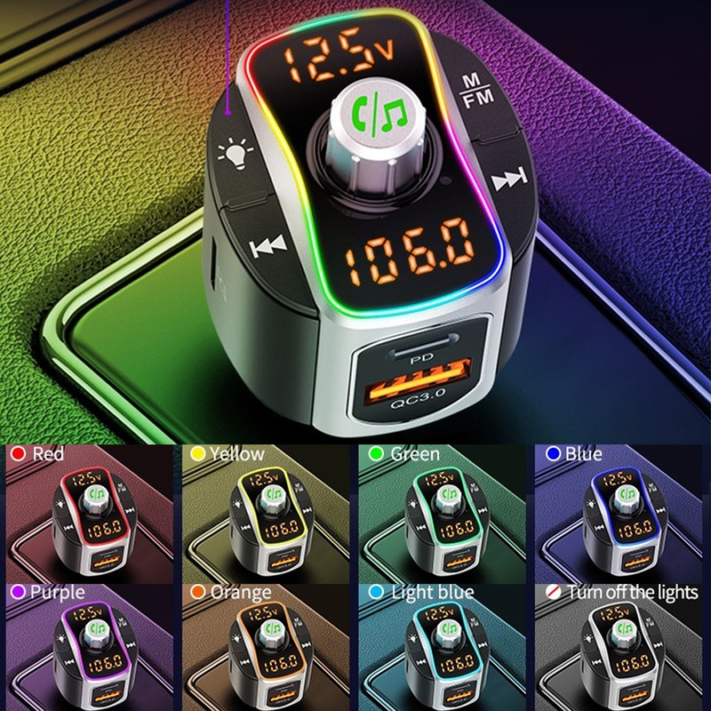Bluetooth 5.0 FM Transmitter Dual Screen Display 3 USB Ports
