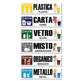 Arterby's® - Stickers Collection Differentiated - Large Children Small Recycling Waste Garbage v6 - Waterproof Washable Exterior Interior - Italian English - Conform UNI (25x8cm, 6 Pieces)