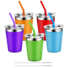 Yummy Sam 5 Pack Kids Cups with Silicone Straws and Lids 12oz Stainless Steel Water Drinking Bottle with Non-Slip Heat Insulation Full Sleeves for Children Adult School Outdoor Home Use