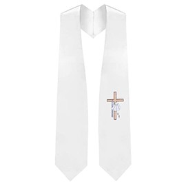 CLERKMANS Adult White Baptismal Stole with Embroidered Cross, Shell, & Baptism Candle