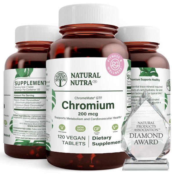 Natural Nutra GTF Chromium Polynicotinate with ChromeMate, Supports Body Metabolism, Cardiovascular Health, 200 mcg, 120 Vegan Tablets