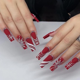 MISUD Christmas Press on Nails Long Square Fake Nails Matte Glue on Nails Snowflake Acrylic Nails Squoval Artificial Nails Gift Bow Stick on False Nails with Rhinestone Design 24 pcs