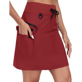 MoFiz Women's 18" Hiking Cargo Skort Athletic Skirt High Waist Golf Dressy Casual Sport Quick Dry Skirt with Zipper Pockets, Red, Medium