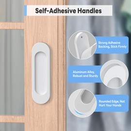 YogePote 2 Pack Self Stick Sliding Door Handles, Aluminum Alloy 4 Inch Self Adhesive Cabinet Knobs for Push-Pull Glass Barn Doors, Closets, Wardrobes, Windows (2, White)