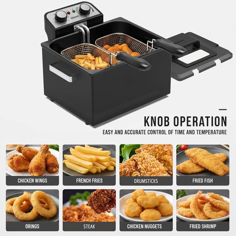 Vexon Large Electric Deep Fryer 4.9L/20 Cups, 1800W Black Stainless