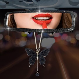 Foralia 3 Pack Bling Car Rear View Mirror with Crystal Butterfly Accessories for Women - Universal Clip-on Wide Angle Mirror (Black)