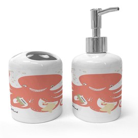 Ambesonne Nautical Soap Dispenser & Toothbrush Holder Set, Octopus Holding Sap Shampoo Toothbrush and Toothpaste with Tentacles, Ceramic Bathroom Toiletry Accessories, 2 Pcs, Coral Beige Green