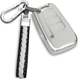 Yonmcfn for Volkswagen key fob cover with metal/leather keychain,TPU 5 Buttons Key case,compatible with Tiguan Atlas Jetta Passat Golf Alltrack Remote smart Key,car Key Accessories,Silver white