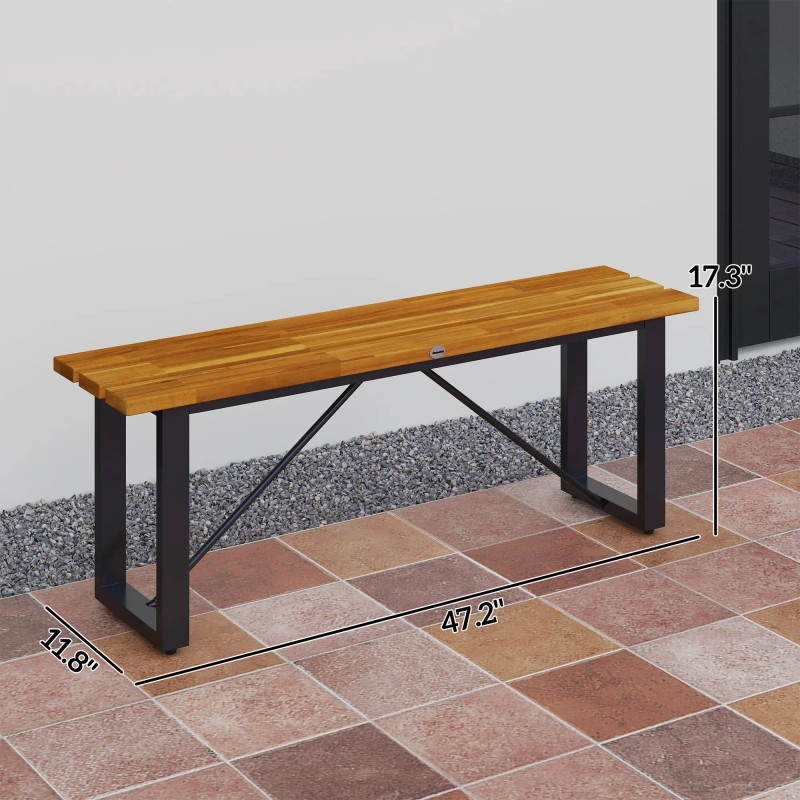 Acacia Wood Outdoor Bench 2 Person Metal Frame Backless Garden