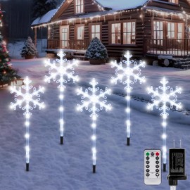 LYUBASA 5 Pack Plug in Christmas Snowflake Pathway Lights Outdoor Decorations with Timer, 8 Modes White Lighted Xmas Waterproof Led Garden Stake Lights for Walkway Yard Lawn Porch Holiday Decor