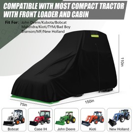 Waterproof Tractors Cover Fit Most Campact Tractor with Cabin and Front Loader, 600D Oxford Cloth Tractors Cover for Snow Rain Dust Protection, 150 L x 75 W x 110 H in