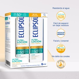 Dúo de Eclipsol Ultra Loción FPS 50+ Protector Solar Facial y Corporal - Uso Diario, Protección UVB/UVA, Fórmula Hipoalergénica, Textura Ultra Ligera, Pack de 2 (125 g cada uno)