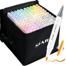 SFAIH 101 Pastel Alcohol Markers Brush & Fine - Dual Tip Art Markers for Adult Coloring Illustration, Gift for Artist, Refillable Ink, Colorless Blender, Adjustable Shoulder Strap & Leather Lining