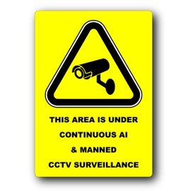 A4 AI & Manned CCTV Surveillance Sign, Yellow Security Warning, Aluminium Composite, UV Printed for Outdoor Use, 210mm x 297mm x 3mm, 4 Fixing Holes