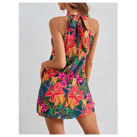 Floerns Women's Sleeveless Floral Print Sundress Halter Neck A Line Short Dress Pink Multi Large