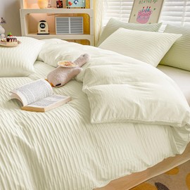 Seersucker Duvet Cover Set Double Size Beddding Set with Pillowcases for Teens Adults Soft Microfiber Polyester Seersucker Bedding, White, 200x200cm