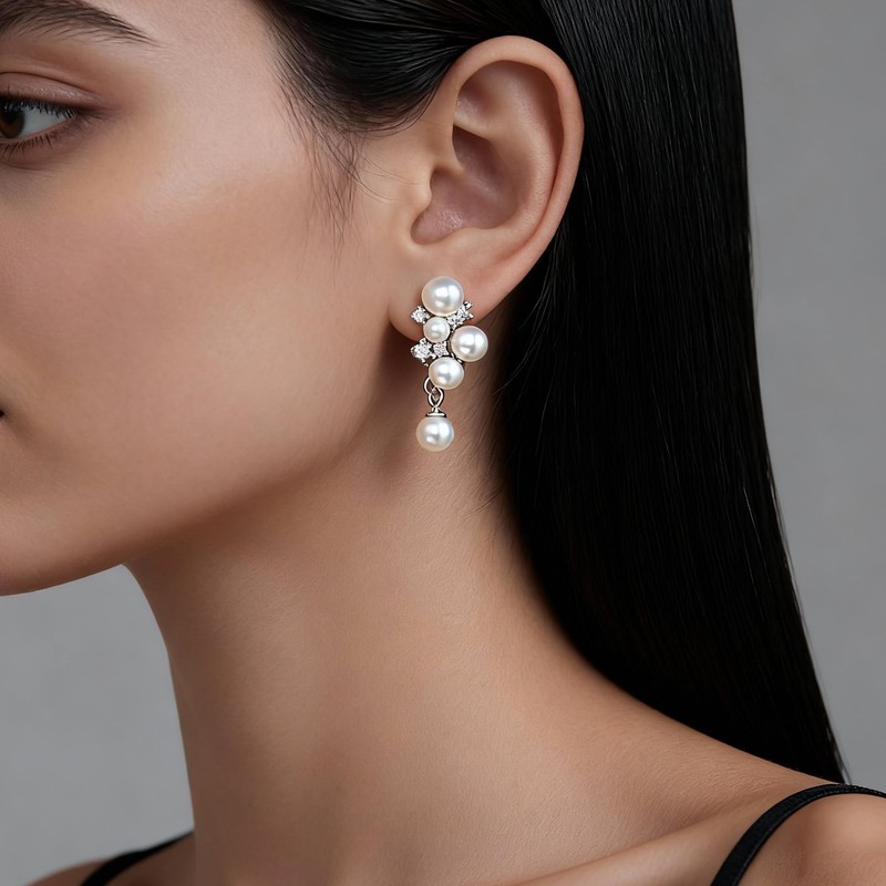 Pearl Earrings for Women, 14K Silver Plated Pearl CZ Dangle