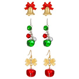 3 Pairs Christmas Jingle Bell Dangling Earrings Set for Women Girls Gold Plated CZ Red Green Bells Drop Dangle Fish Hook Studs Earring Dainty Chrsitmas Statement Enameled Festival Jewelry Gifts