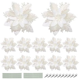 12Pcs Christmas Poinsettia Flowers Decorations Artificial Glitter Floral with Clips and Stems for Christmas Xmas Tree Wedding Party Wreath Decorations, 14cm/ 5.5inch, White