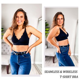WOWENY Seamless Bra without Underwire Padded Push Up Curve Non-Wired Bra Comfort Support Comfortable Bustier V-Neck Bralette with Bra Extension, black