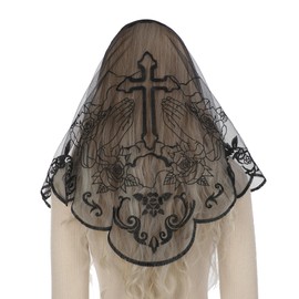 Bozidol Mantilla Catholic Veil Triangle Lace Church Veils for Women Embroidered Holy Cross and Rose Christian Head Covering Black