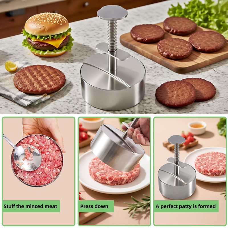 304 Stainless Steel Burger Press, Heavy Duty Adjustable Hamburger Meat