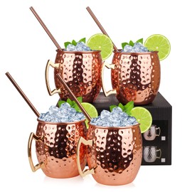 Hossejoy Moscow Mule Copper Cup: Set of 4 - Includes 4 x 550ml Cups 4 Straws in Gift Box - Great for Cocktail Chilled Drinks - 100% Copper Accessories Lovers