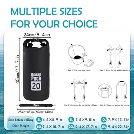 Dry Bag 20L, Boat Dry Bags Black Waterproof Bag Dry Sack Roll Top Long Adjustable Shoulder Strap 2L/5L/10L/20L/30L/40L for Drifting Boating Kayaking Fishing Rafting Swimming Camping Canoeing Surfing