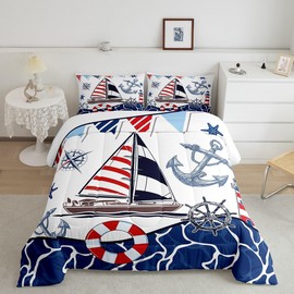 Modern Nautical Anchor Sailboat Comforter Set for Kids Teens, Queen Size Compass Rudder Starfish Ocean Bedding Comforter with 2 Blue Ocea Adventuren Pattern Pillowcases- 90" x 90" (Sailboat, Queen)