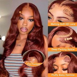 Reddish Brown Lace Front Wigs Human Hair 13x6 Hd Lace Frontal Body Wave Wigs Human Hair Pre Plucked 180% Density Auburn Brown Wig Human Hair for Women Auburn Colored Wear And Go Glueless Wig 24 Inch