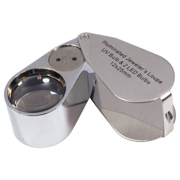 HTS 201T1 Illuminated Jewelers Loupe UV Bulb & 2 White LED Bulbs 12x 25mm - True Magnification