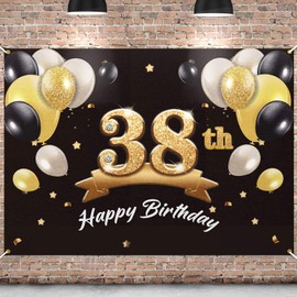 PAKBOOM Happy 38th Birthday Banner Backdrop - 38 Birthday Party Decorations Supplies for Men - Black Gold 4 x 6ft